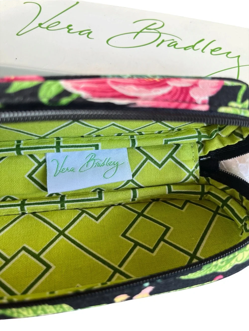 VERA BRADLEY Black Pink Green Botanical Floral Soft Zip Around Eyeglass Case+Box